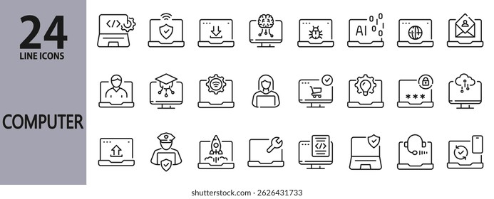 Computer line icons set with Technology, Internet, Network, Cloud, AI, Programming, Data and more. Editable Stroke