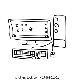 Computer Line Icons vector design black. Hand drawn computer. Simple vector icon. Cartoon computer line icon. Drawing computer, vector sketch.