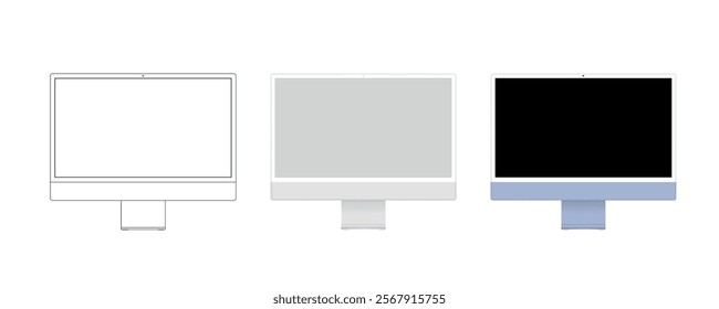 Computer in linear, realistic clay style Blank computer monitor template on white background