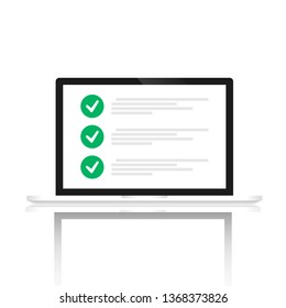 A computer with a list of green check marks is depicted on a white background. Below the display of the object.