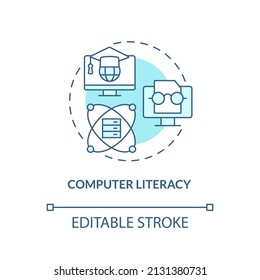 Computer literacy turquoise concept icon. Computer systems. Basic digital skills abstract idea thin line illustration. Isolated outline drawing. Editable stroke. Arial, Myriad Pro-Bold fonts used