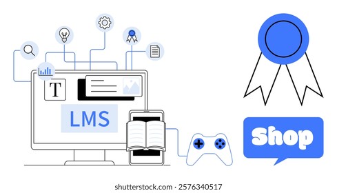 Computer with LMS tools, book, and game controller. Ideal for online learning, gamification, e-commerce, certification, and digital education