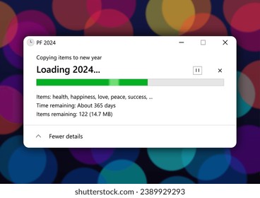 Computer loading bar to Happy New Year 2024 on colorful lights background. PC copying wishes of Health, Happiness, Love, Peace and Success like items to new Year 2024.