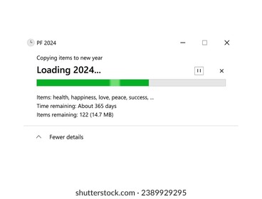 Computer loading bar to Happy New Year 2024 on transparent background. PC copying wishes of Health, Happiness, Love, Peace and Success like items to new Year 2024.