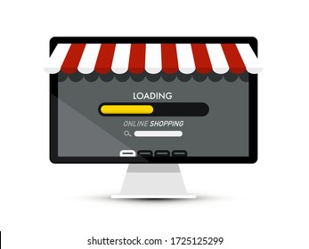 Computer with Loading Bar and Online Shopping Icon on Screen - Vector