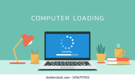 computer loading process concept, system software update and upgrade installation on laptop, flat design vector illustration