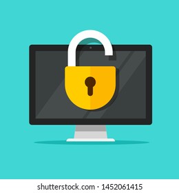 Computer lock open on display vector illustration, flat cartoon pc screen with open padlock icon, authentication or crime symbol, unlocked security or breaking open privacy