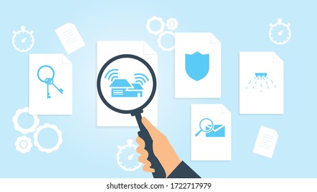 Computer, lock security file, document research vector illustration. Document with search icons. File and magnifying glass. Analytics research sign. Vector Illustration