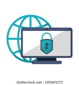 Computer locked over global sphere symbol