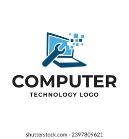 Computer logo design. Pc fix, repair, Computer maintenance service, software, Computer tech shop vector illustration isolated on white background