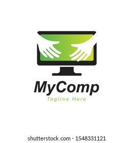 Computer logo design template.Hand with computer symbol