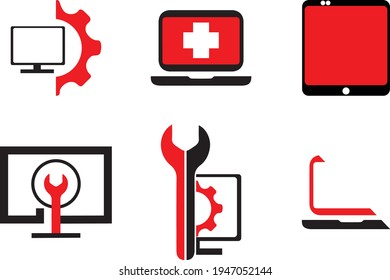 Computer logo, Electronic logo, computer Hardware setting up Logo, Badge vector format for any kind of graphic design, Computer shop logo examples for worldwide artworks. red computer icon designs
