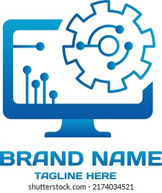 Computer logo in flat design on white background, machine style sign for mobile concept and web design, automation vector icon,  gear logo illustration