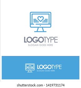 Computer, Love, Heart, Wedding Blue Outline Logo Place for Tagline