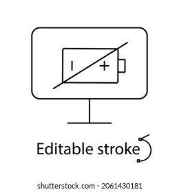 Icono de contorno de batería baja del equipo. La televisión se repara. Símbolo de contorno lineal personalizable. Trazo editable. Ilustración aislada de las existencias vectoriales