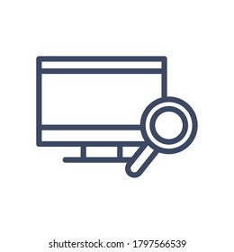 Computer with lupe line style icon design, Digital technology communication social media internet web and screen theme Vector illustration