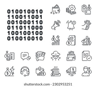 Computermaschinenkennzeichen Symbole für Bargeld, Darlehen und Hypotheken Binäres Codezeilensymbol. Datensymbol. Binäres Codezeilenzeichen. Kreditkarte, Kryptowallet Symbol. Vektorgrafik