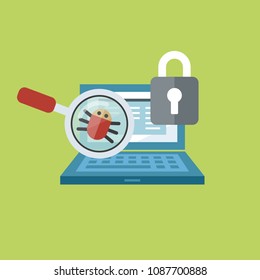 computer magnifier icon flat bug virus antivirus icon flat bug virus antivirus notebook web flat illustration chat social network connection coding program technology pc display designer password