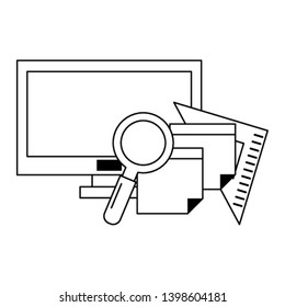 computer with magnifying glass in black and white
