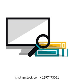 computer and magnifying glass with books