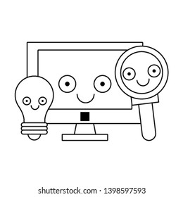 Computer and magnifying glass with bulb light in black and white
