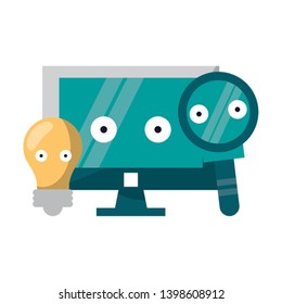 Computer and magnifying glass with bulb light