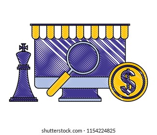 computer magnifying glass chess king and coin