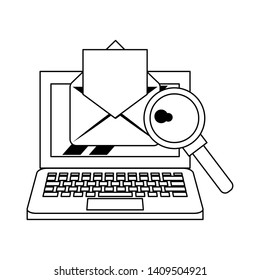 computer with magnifying glass and document icon cartoon vector illustration graphic design black and white