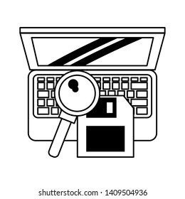 computer with magnifying glass and document icon cartoon vector illustration graphic design black and white