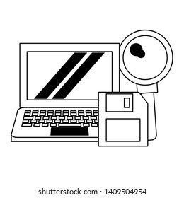 computer with magnifying glass and document icon cartoon vector illustration graphic design black and white