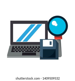computer with magnifying glass and document icon cartoon vector illustration graphic design