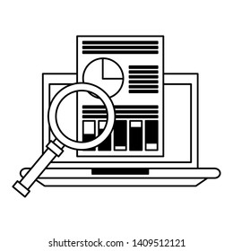 computer with magnifying glass and document icon cartoon vector illustration graphic design