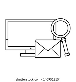 computer with magnifying glass and envelope icon cartoon vector illustration graphic design