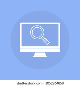  Computer with magnifying glass icon. Vector illustration