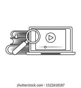 computer with magnifying glass over white background, vector illustration