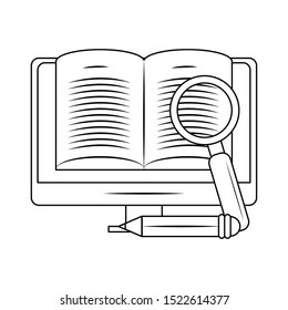 computer with magnifying glass and pencil over white background, vector illustration