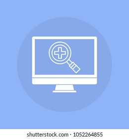  Computer with magnifying glass plus icon. Vector illustration