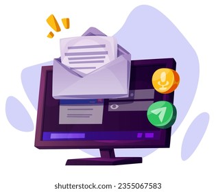 Computer with mail element icon cartoon vector. Isolated laptop with envelope and letter graphic object. New chat message on desktop device monitor. Digital notification alert for inbox on website