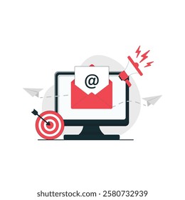 Computer with Mail and Goal Arrow Vector Illustration. Email Marketing Concept Design