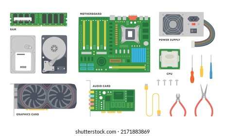 Computer main parts and repair tools. Simple but detailed design. flat design style vector illustration.