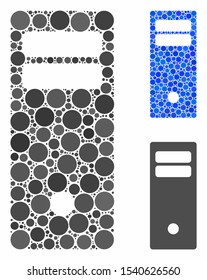 Computer mainframe composition of small circles in different sizes and color tints, based on computer mainframe icon. Vector small circles are combined into blue composition.