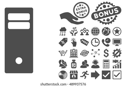 Computer Mainframe icon with bonus design elements. Vector illustration style is flat iconic symbols, gray color, white background.