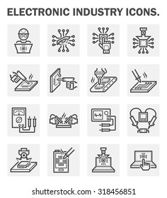 Computer maintenance service, electronics repair and assembly vector icon. Include engineer or technician, microchip, multimeter, gun and laptop. To electrical measurement, circuit board soldering.