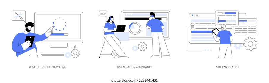 Computer maintenance and support abstract concept vector illustration set. Remote troubleshooting, installation assistance, software audit, bug fixing, IT company worker abstract metaphor.