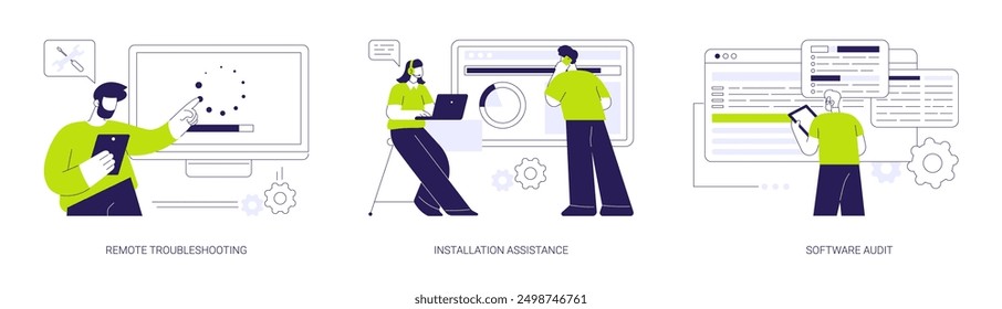 Computer maintenance and support abstract concept vector illustration set. Remote troubleshooting, installation assistance, software audit, bug fixing, IT company worker abstract metaphor.