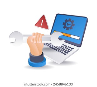 Mejorar de mantenimiento de computadoras infografía 3d ilustración plana isométrica