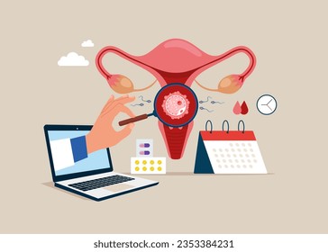 Computer making uterus examination. Abstract concept of gynaecology and female health. Laptop using magnifier to check uterus. Vector illustration