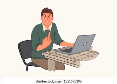 Computer malfunction, work problem, irritability, anger concept. Young man showing obscene gesture at laptop, emotional burnout, fury and rudeness, bad manners signs. Simple flat vector