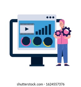 computer and man holding a gear wheels over white background, colorful design, vector illustration
