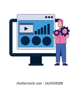 computer and man holding a gear wheels over white background, vector illustration